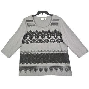 Zenergy by Chico's~Woman Sz 3(XL)~Gray/Black Blouse Top Pull-on Shirt 3/4 Sleeve